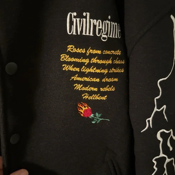 Black Varsity Jacket with White Lightning and Embroidery - Picture 2 of 7